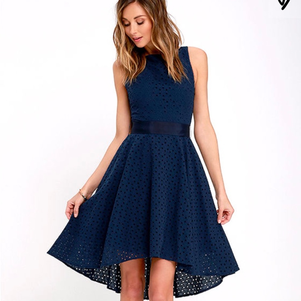 BB Dakota navy blue embroidered high low dress